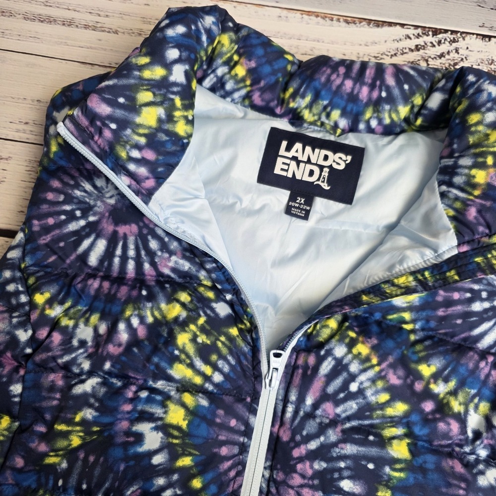 Lands‎ End Vest Womens 2X  Blue Tie Dye 600 Down Puffer Sleeveless Winter Warm